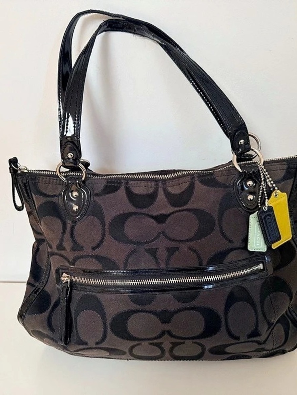 Coach Poppy Signature Sateen Glam Tote Shoulder Bag in Black